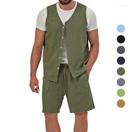 Men's Tracksuits 2023 Summer Suit Casual Sleeveless Cardigan Jacket Shorts Two-Piece Cotton And Linen Fashion