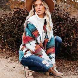 Vintage Jackets Women Coats Tech Fleece Splicing Loose Jacket Denim Print Aztec Ethnic Style Long Sleeved Shirt Streetwear Female 274U