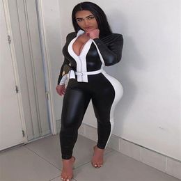 Women's Jumpsuits & Rompers Sexy PU Leather Black White Patchwork Romper Women Jumpsuit Zipper Long Sleeve Pencil Pants Bodyc207f