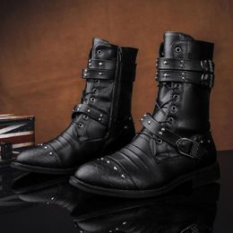 2023 Autumn Winter New Men Boots Fashion Rivet Black Motorcycle Boots Street Style Male High Boots Convenient Slip on casual Shoes 10A3