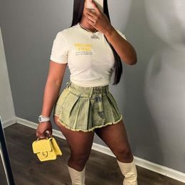 Women's Jeans Fashion Zipper Pleated Denim Mini Skirts Shorts Women Clothing Streetwear Sexy Night Club Prom Above Knee Baggy Skirt