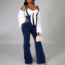 Dark Blue Women Jumpsuits Wide Leg Flare Pants Overalls Jeans Rompers Sexy Denim Jumpsuit Plus Size Pants Sexy Denim Jumpsuit194n