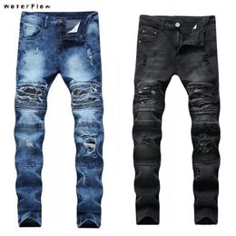2020 new Skinny Ripped Motorcycle Biker Jeans Mens plus Size 28-42 Black Camouflage Patches Jeans For Men High stretch275i