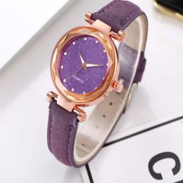 Casual Star Starry Sky Watch Sanded Leather Strap Silver Diamond Dial Quartz Womens Watches Gentle Temperament Ladies Wristwatches247u