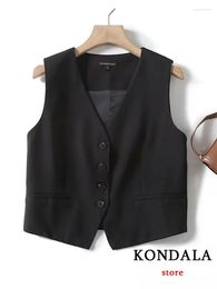 Women's Tanks KONDALA Solid Black Chic Women Vest V-Neck Single Breasted Sleeveless Loose Straight Fashion 2023 Autumn Holiday