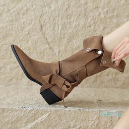 Boots Square Toe Suede Short Women Western Boots Bowknot Decor High Heels Riding Botas Buckle Outside Motorcycle Botines Femmes