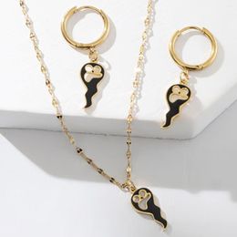 Necklace Earrings Set Trendy 2pcs Halloween Stainless Steel Gold Plated Hollow Ghost Black Colour For Ladies Festival Jewellery