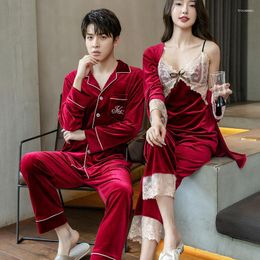 Men's Sleepwear Autumn Couple Velvet Pajamas Suit Lovers Men Shirt Pant 2Pcs Nightwear Women Velour Robe Sling Pants 3Pcs Homewear