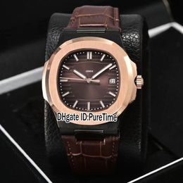 New Classic 5711 PVD Steel Two Tone Rose Gold Texture Brown Dial A2813 Automatic Mens Watch Brown Leather Watches 7 Colours Puretim308D