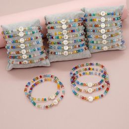 Strand Colorful Crystal Beaded Shell A-Z 26 Letter Bracelet For Girls Women Bohemian Elastic Rope Fashion Jewelry Accessories Gift