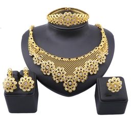 Luxury Yellow Gold Color Flower Crystal Jewelry Set For Women Necklace Bangle Earrings Ring Wedding Bridal Jeweljry Sets231w