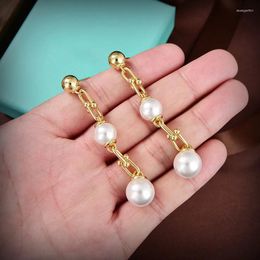 Stud Earrings S925 Sterling Silver Golden Yellow U-joint Bamboo Pearl Women's Fashion Retro Classic Trend Jewellery