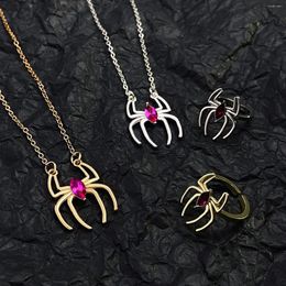 Necklace Earrings Set Jewelry For Teen Girls Goth Red Gem Spider Pendant Animal Rings Vintage Halloween Ring Gift