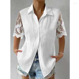 Women's Blouses Summer Selling Slim Fit Temperament Cardigan Standing Neck Lace Short Sleeve Spliced Plain Shirt For Women