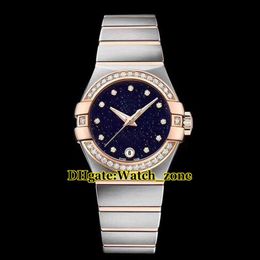 27mm Dream Blue Starry Sky Dial Swiss Quartz Womens Watch Diamond Bezel Two Tone Rose Gold Stainless steel Band Fashion Lady Watch262j