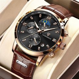 LIGE Mens Watches Top Luxury Brand Waterproof Sport Wrist Watch Chronograph Quartz Military Genuine Leather Relogio Masculino 22022813