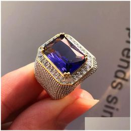 Rings Fashion Big Male Purple Geometric Ring Crystal White Zircon Stone Engagement 18Kt Gold Large For Men Drop Delivery Jewelry Dhvx3