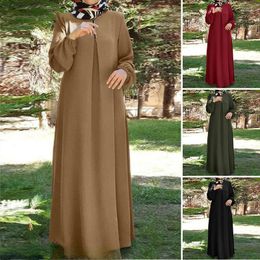 Ethnic Clothing 2023 Autumn Muslim Woman Dress Plus Size Kebaya Fashion Abaya Loose Long Sleeve Round Neck Robe Solid Colour Islamic Dresses