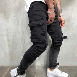 Men's Jeans Fashion Cargo Pants Black Patch Pocket Pencil Men Clothing Trousers Casual Denim Pant Jogger264w