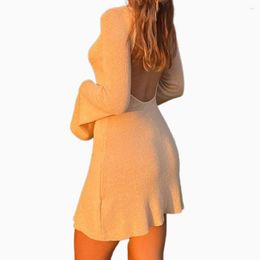 Casual Dresses High Waist Long Flare Sleeve Knitted Striped Backless Mini Dress Femals LaceUp Hip Package Club Streewear Party Vacation