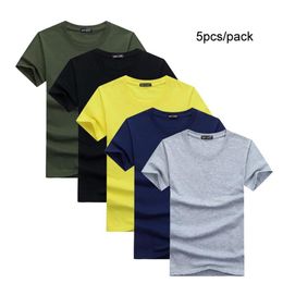 5pcs lot Simple Style Mens T-shirts Short Sleeved Solid Cotton Spandex Regular Fit Casual Summer Tops Tee Shirts Male 10x Clothes289W