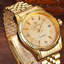 Luxury Gold Fashion Mens Watches Casual Crystal Dial Date Automatic Mechanical Stainless Steel Sport Wrist Watches for men Gifts 2264Y