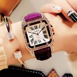 Vintage Female Watch Rhinestone Fashion Student Quartz Watches Real Leather Belt Square Diamond Inset Mineral Glass Womens Wristwa231I