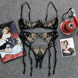 NEW Women Intimates Embroidery Half Cup Lingerie Thin Temptation and Panty with Garters Sets Sexy Bra Crotchless Panties Set1254A