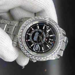 Full Diamond SKY Watch 40MM Luxury Iced Out Watch Automatic Men Silver Stainless case black face Waterproof Stainless Set Diamond224b