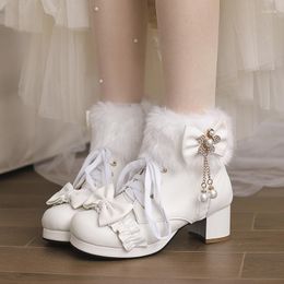Boots Winter 2023 Sweet Crystal Flower Pearl Chain Fur Mid-calf Princess Cross-tied Botas Party Shoes Girls 7 8 9 10 12 14 16 18