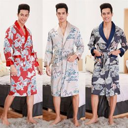 New autumn long-sleeved cartoon pattern men Robe navy blue men knee silk bathrobe men's Pyjamas nightgown2759