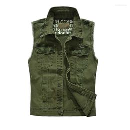 Men's Vests Army Green Vest Men Ripped Sleeveless Jacket With Tassel Casual Slimming Denim Jeans Korean Style Cotton Waistcoat