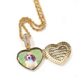 Gold Plated Full CZ DIY Made Po Medallions Heart Necklace & Pendant with Rope Chain for Men Women Hip hop Jewelry312j