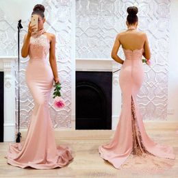 2023 New Cheap Baby Pink Mermaid Bridesmaid Dresses Halter Neck Lace Appliques Beads Backless Sweep Train Wedding Guest Dress Maid Of Honour Gowns