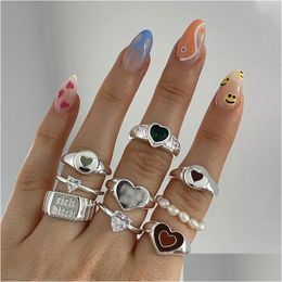 Cluster Rings 2022 Y2K Jewellery Mtilayer Drip Oil Heart For Women Metal Punk Hiphop Vintage Goth Charms 90S Aesthetic Gift Drop Deliver Dh2Ma