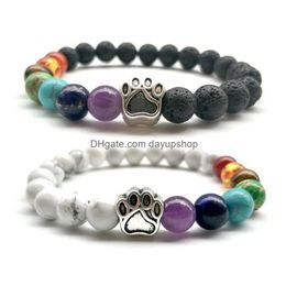 Charm Bracelets Dog Cat Print Bracelet 7 Chakra Natural Black Lava Stone Men Women Couple Creative Jewellery Gifts15236540 Drop Delivery Dhjea