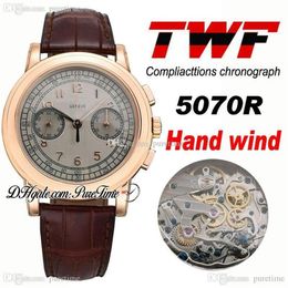 TWF Platinum Compliacttions Chronograph 5070R Hand Winding Automatic Mens Watch 18K Rose Gold Grey Dial Brown Leather PTPP Puretim257q