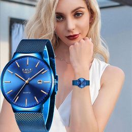 LIGE Womens Watches Top Brand luxury Analog Quartz Watch Women Full Blue Mesh Stainless Steel Date Clock Fashion Ultra-thin Dial 2195F