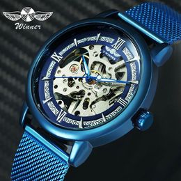 WINNER Official Fashion Casual Men Mechanical Watch Blue Mesh Strap Ultra Thin Skeleton Mens Watches Top Brand Luxury Clock 2019 C3082