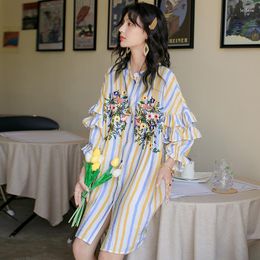 Casual Dresses Women Chiffon Striped Ruffles Shirt Dress Summer Vintage Irregular Flowers Embroidered Blouses Half Lantern Sleeve Vestido