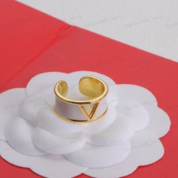 Gold ring, gold with white enamel Alphabet designer ring, half opening, adjustable size, stylish personality gift