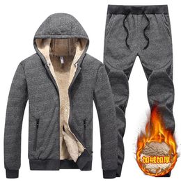 Winter Men Set Warm Thick Hooded Jacket Pants 2PC Sets Men Lamb cashmere Hoodies Zipper Tracksuit Man Sports Suit Plus size209Q