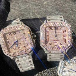 Rose Gold Mixed Sier Large Diamond Roman Numerals Luxury MISS Square Mechanical Mens Icing Watch Cubic Zirconia WatchONMT272f