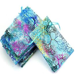 100pcs Blue Coral Organza Bags 10x15cm Wedding Gift Bag Cute Candy Jewellery Packaging Bags Drawstring Pouch195c