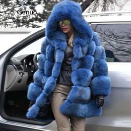 Women's Fur Faux Fur Hooded Blue Fur Coat Thick Warm Faux Fur Jacket for Women Outwear Long Fur Coats 2020 Winter Fashion Luxury Outwear T231003
