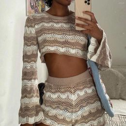 Women's Sleepwear Beach Holiday Bohemian Knitted Two Piece Set Pajamas Women Long Sleeve Hollow Out Crop Top Pullovers Slim Fit Short