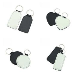 Sublimation Blank Leather Square Shape Keychains Rectangle Heart Round Key Ring Hot Transfer Printing Leather Material