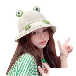 Wide Brim Hats Bucket Women Cartoon Little Frog Double-Sided Fisherman Hat Korean Style Solid Climbing Outdoor Sunsn Hatwide Drop Deli Dh3Hf