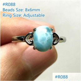 Cluster Rings Natural Blue Larimar Ring Jewellery For Woman Lady Man Sier 8X6Mm Beads Dominica Water Pattern Stone Adjustable Size Drop Dho1N