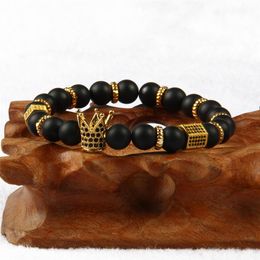 1PCS Jewellery Micro Inlay CZ Beads Crown Bracelets With 8mm Stone Beads Beaded Bracelet Gift For Men274P